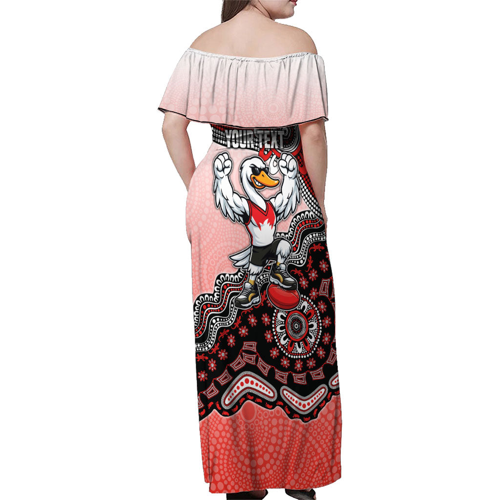Personalized Sydney Swans Football Mascot Family Matching Off Shoulder Maxi Dress and Hawaiian Shirt Aboriginal Dot Art Style Vibrant Indigenous Pattern Design