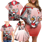 Personalized Sydney Swans Football Mascot Family Matching Off Shoulder Short Dress and Hawaiian Shirt Aboriginal Dot Art Style Vibrant Indigenous Pattern Design