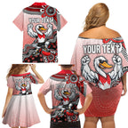 Personalized Sydney Swans Football Mascot Family Matching Off Shoulder Short Dress and Hawaiian Shirt Aboriginal Dot Art Style Vibrant Indigenous Pattern Design