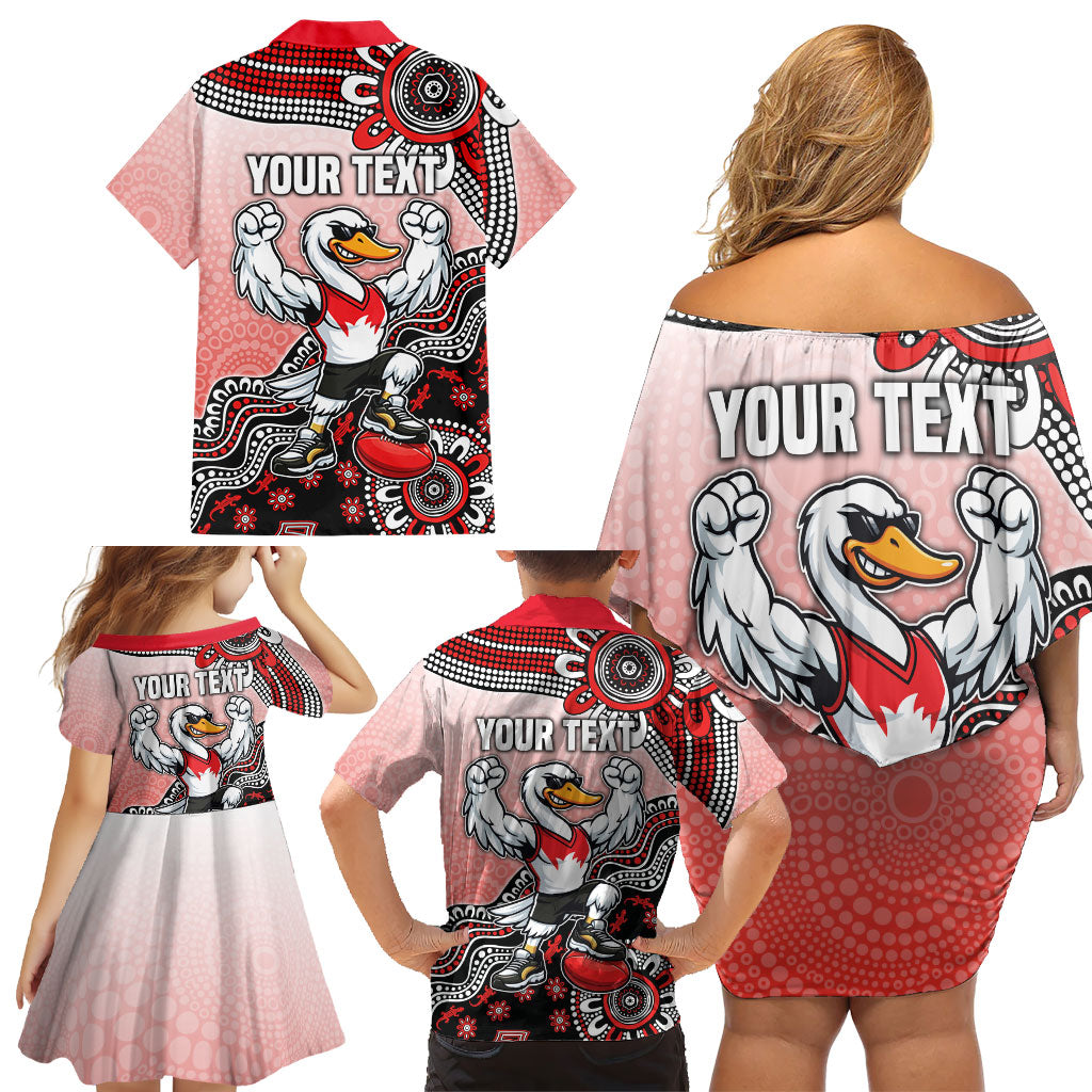 Personalized Sydney Swans Football Mascot Family Matching Off Shoulder Short Dress and Hawaiian Shirt Aboriginal Dot Art Style Vibrant Indigenous Pattern Design