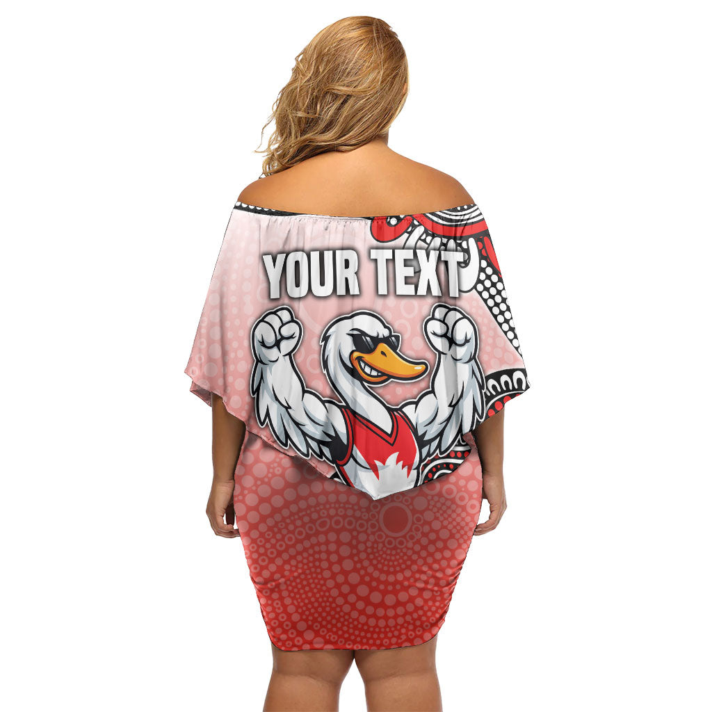 Personalized Sydney Swans Football Mascot Family Matching Off Shoulder Short Dress and Hawaiian Shirt Aboriginal Dot Art Style Vibrant Indigenous Pattern Design