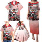Personalized Sydney Swans Football Mascot Family Matching Puletasi and Hawaiian Shirt Aboriginal Dot Art Style Vibrant Indigenous Pattern Design
