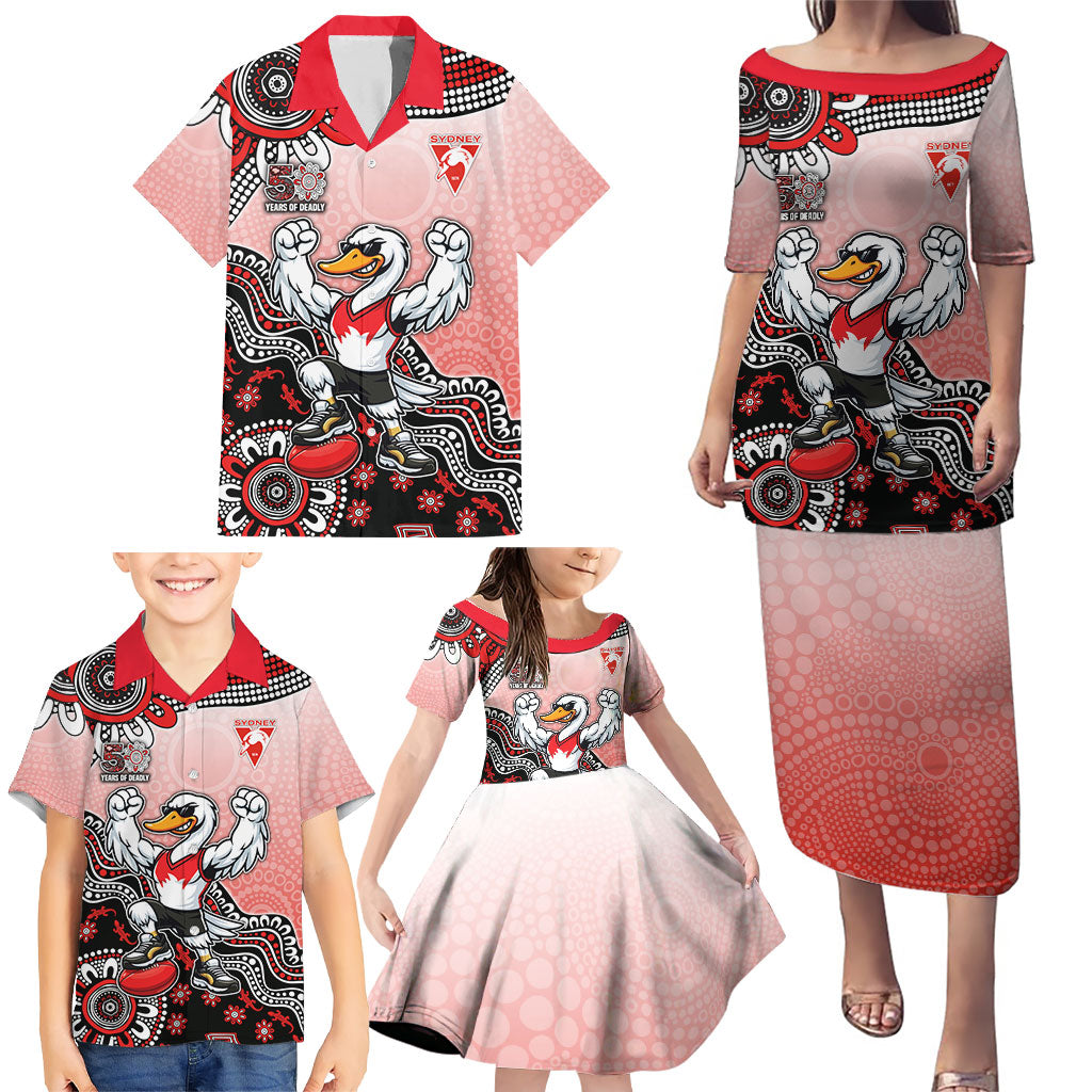 Personalized Sydney Swans Football Mascot Family Matching Puletasi and Hawaiian Shirt Aboriginal Dot Art Style Vibrant Indigenous Pattern Design
