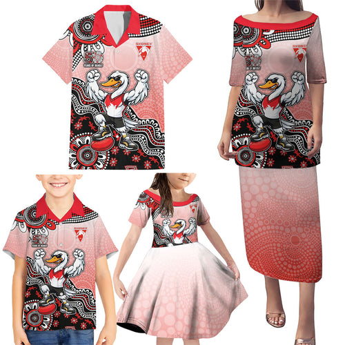 Personalized Sydney Swans Football Mascot Family Matching Puletasi and Hawaiian Shirt Aboriginal Dot Art Style Vibrant Indigenous Pattern Design