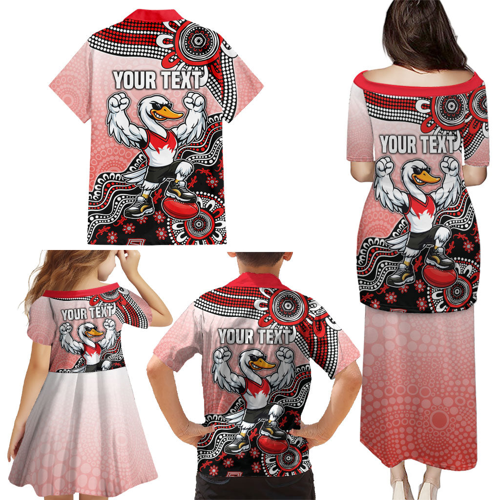 Personalized Sydney Swans Football Mascot Family Matching Puletasi and Hawaiian Shirt Aboriginal Dot Art Style Vibrant Indigenous Pattern Design