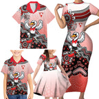 Personalized Sydney Swans Football Mascot Family Matching Short Sleeve Bodycon Dress and Hawaiian Shirt Aboriginal Dot Art Style Vibrant Indigenous Pattern Design