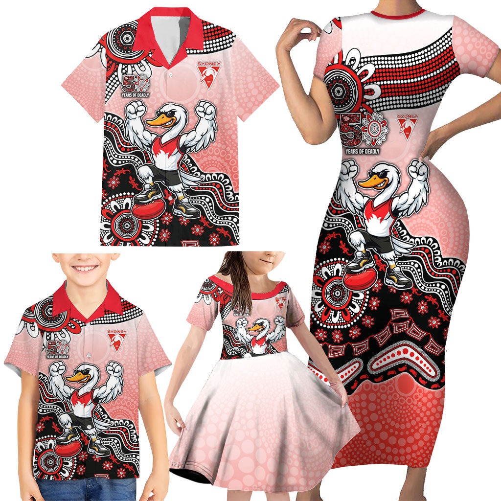 Personalized Sydney Swans Football Mascot Family Matching Short Sleeve Bodycon Dress and Hawaiian Shirt Aboriginal Dot Art Style Vibrant Indigenous Pattern Design