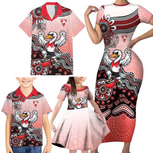 Personalized Sydney Swans Football Mascot Family Matching Short Sleeve Bodycon Dress and Hawaiian Shirt Aboriginal Dot Art Style Vibrant Indigenous Pattern Design