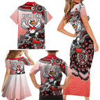 Personalized Sydney Swans Football Mascot Family Matching Short Sleeve Bodycon Dress and Hawaiian Shirt Aboriginal Dot Art Style Vibrant Indigenous Pattern Design