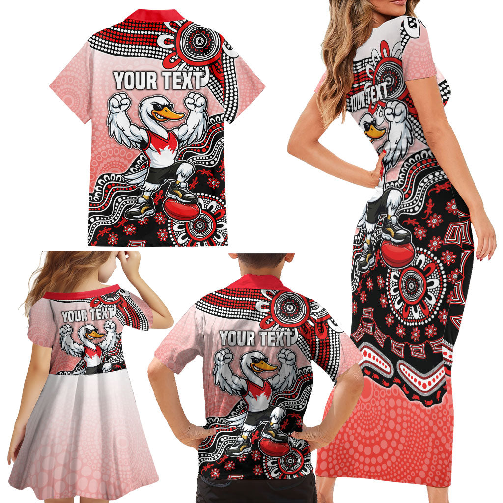 Personalized Sydney Swans Football Mascot Family Matching Short Sleeve Bodycon Dress and Hawaiian Shirt Aboriginal Dot Art Style Vibrant Indigenous Pattern Design
