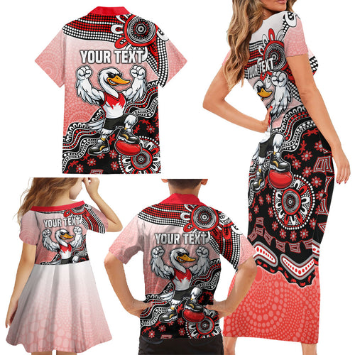 Personalized Sydney Swans Football Mascot Family Matching Short Sleeve Bodycon Dress and Hawaiian Shirt Aboriginal Dot Art Style Vibrant Indigenous Pattern Design