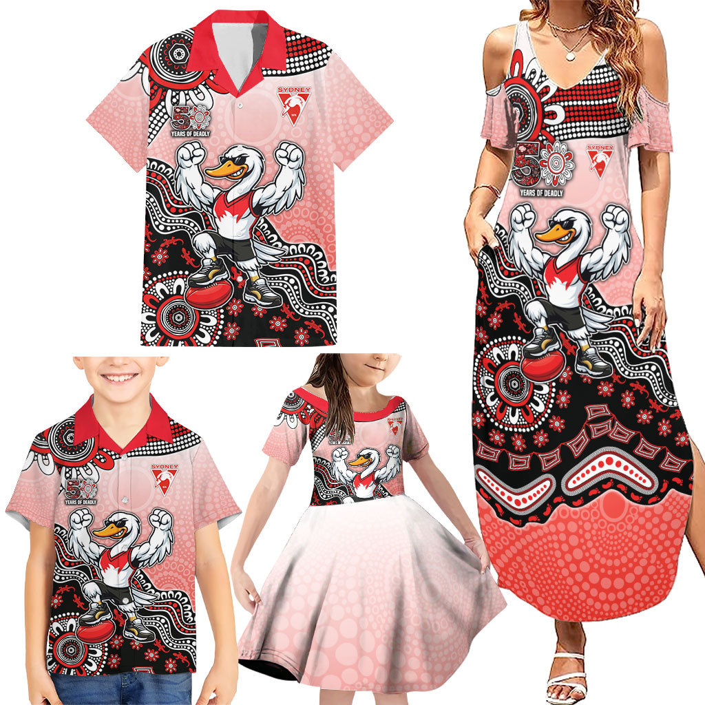 Personalized Sydney Swans Football Mascot Family Matching Summer Maxi Dress and Hawaiian Shirt Aboriginal Dot Art Style Vibrant Indigenous Pattern Design