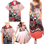 Personalized Sydney Swans Football Mascot Family Matching Summer Maxi Dress and Hawaiian Shirt Aboriginal Dot Art Style Vibrant Indigenous Pattern Design