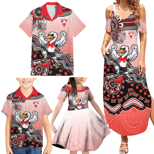 Personalized Sydney Swans Football Mascot Family Matching Summer Maxi Dress and Hawaiian Shirt Aboriginal Dot Art Style Vibrant Indigenous Pattern Design