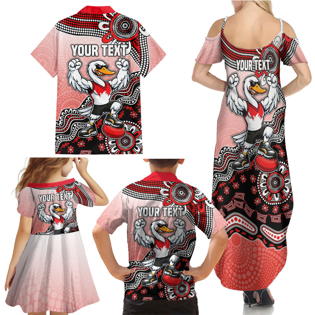 Personalized Sydney Swans Football Mascot Family Matching Summer Maxi Dress and Hawaiian Shirt Aboriginal Dot Art Style Vibrant Indigenous Pattern Design
