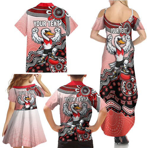 Personalized Sydney Swans Football Mascot Family Matching Summer Maxi Dress and Hawaiian Shirt Aboriginal Dot Art Style Vibrant Indigenous Pattern Design
