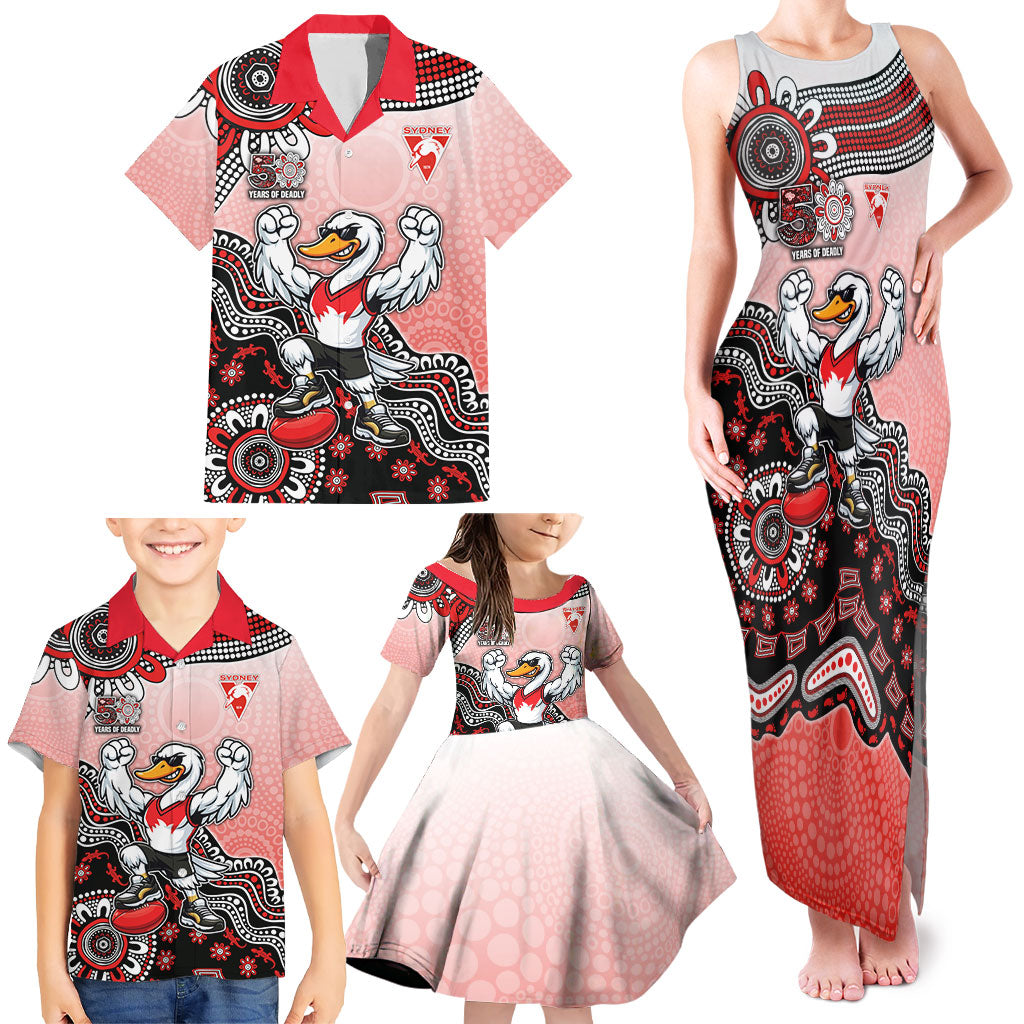 Personalized Sydney Swans Football Mascot Family Matching Tank Maxi Dress and Hawaiian Shirt Aboriginal Dot Art Style Vibrant Indigenous Pattern Design