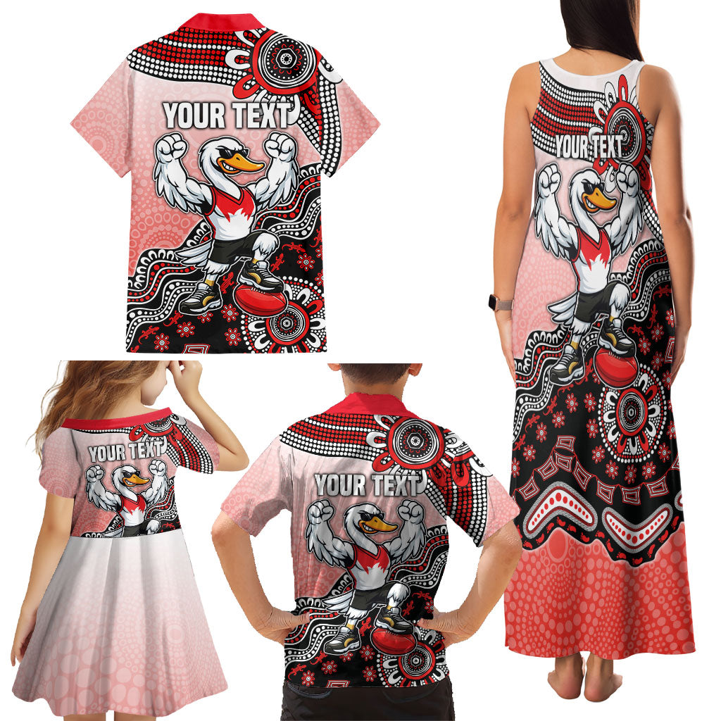 Personalized Sydney Swans Football Mascot Family Matching Tank Maxi Dress and Hawaiian Shirt Aboriginal Dot Art Style Vibrant Indigenous Pattern Design