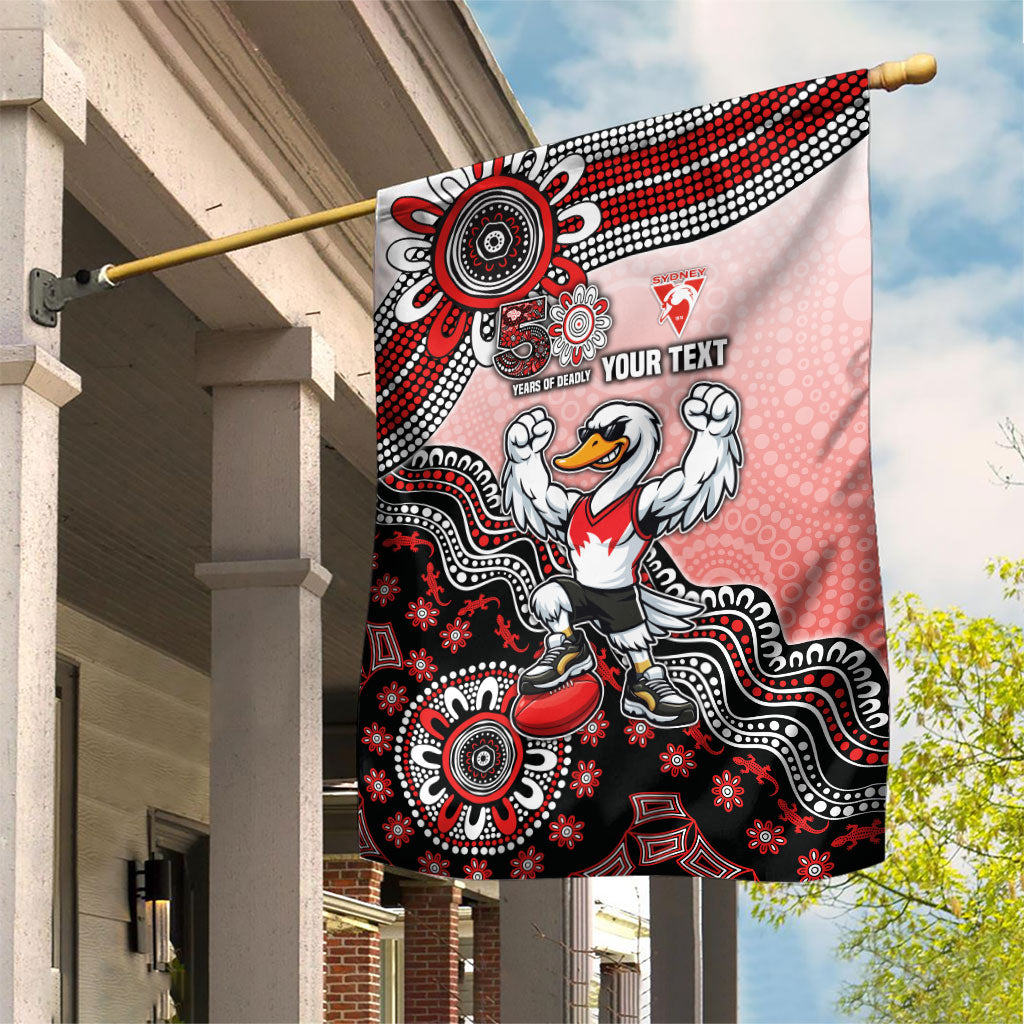 Personalized Sydney Swans Football Mascot Garden Flag Aboriginal Dot Art Style Vibrant Indigenous Pattern Design