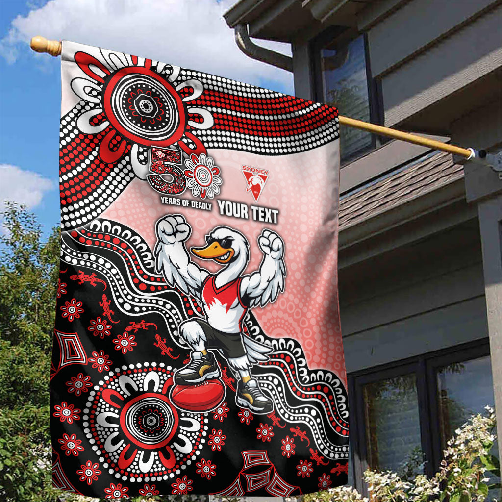 Personalized Sydney Swans Football Mascot Garden Flag Aboriginal Dot Art Style Vibrant Indigenous Pattern Design