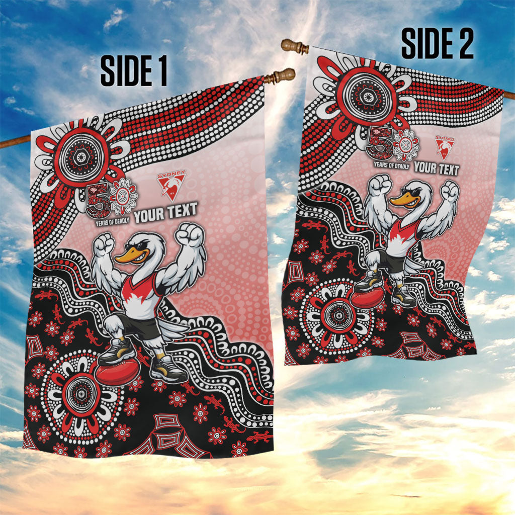 Personalized Sydney Swans Football Mascot Garden Flag Aboriginal Dot Art Style Vibrant Indigenous Pattern Design