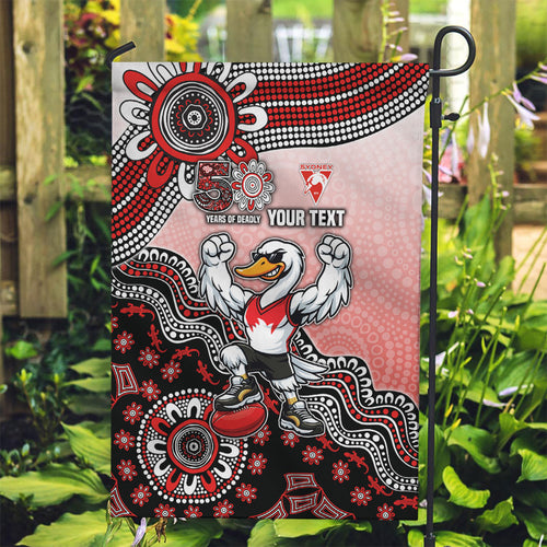 Personalized Sydney Swans Football Mascot Garden Flag Aboriginal Dot Art Style Vibrant Indigenous Pattern Design