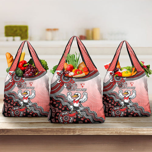 Personalized Sydney Swans Football Mascot Grocery Bag Aboriginal Dot Art Style Vibrant Indigenous Pattern Design