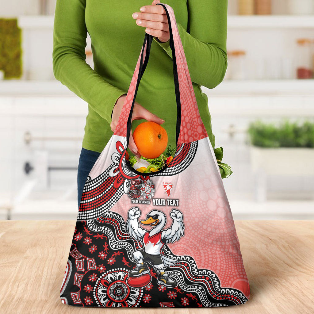 Personalized Sydney Swans Football Mascot Grocery Bag Aboriginal Dot Art Style Vibrant Indigenous Pattern Design