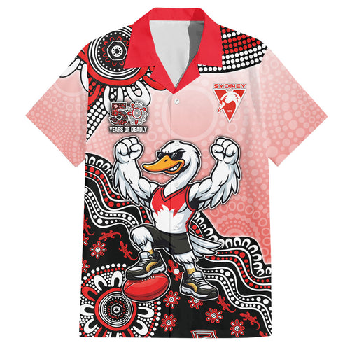 Personalized Sydney Swans Football Mascot Hawaiian Shirt Aboriginal Dot Art Style Vibrant Indigenous Pattern Design