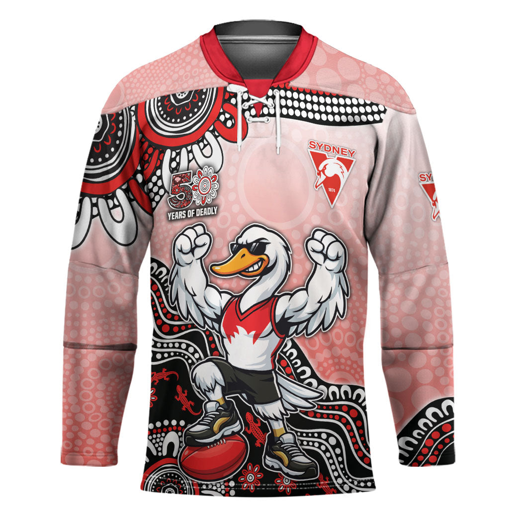 Personalized Sydney Swans Football Mascot Hockey Jersey Aboriginal Dot Art Style Vibrant Indigenous Pattern Design