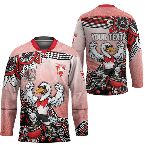 Personalized Sydney Swans Football Mascot Hockey Jersey Aboriginal Dot Art Style Vibrant Indigenous Pattern Design