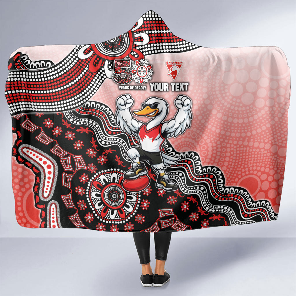 Personalized Sydney Swans Football Mascot Hooded Blanket Aboriginal Dot Art Style Vibrant Indigenous Pattern Design