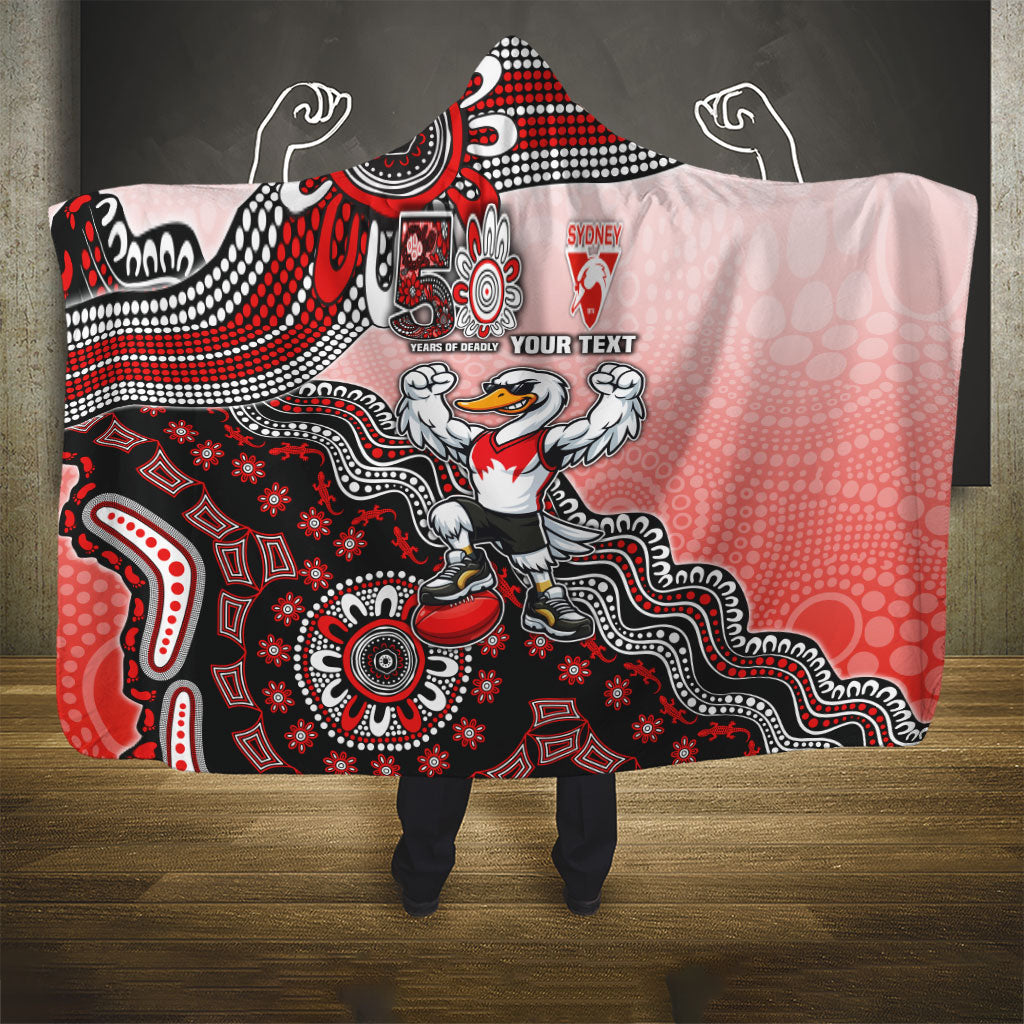 Personalized Sydney Swans Football Mascot Hooded Blanket Aboriginal Dot Art Style Vibrant Indigenous Pattern Design