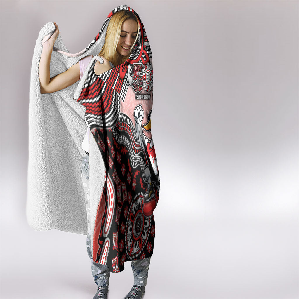 Personalized Sydney Swans Football Mascot Hooded Blanket Aboriginal Dot Art Style Vibrant Indigenous Pattern Design
