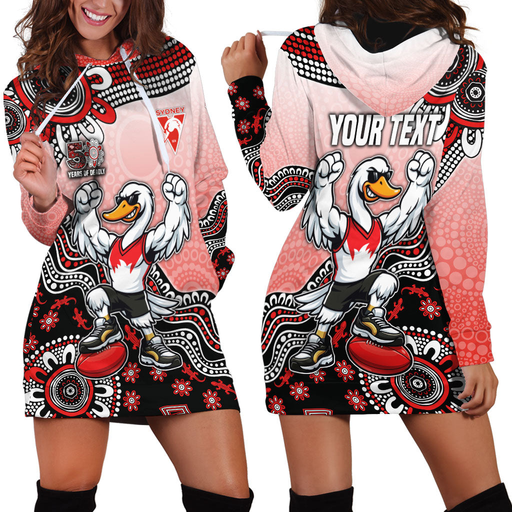 Personalized Sydney Swans Football Mascot Hoodie Dress Aboriginal Dot Art Style Vibrant Indigenous Pattern Design