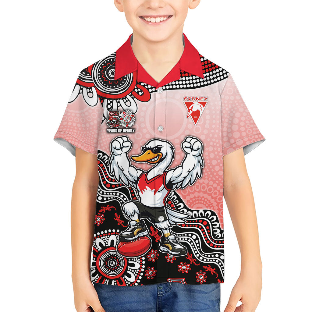 Personalized Sydney Swans Football Mascot Kid Hawaiian Shirt Aboriginal Dot Art Style Vibrant Indigenous Pattern Design
