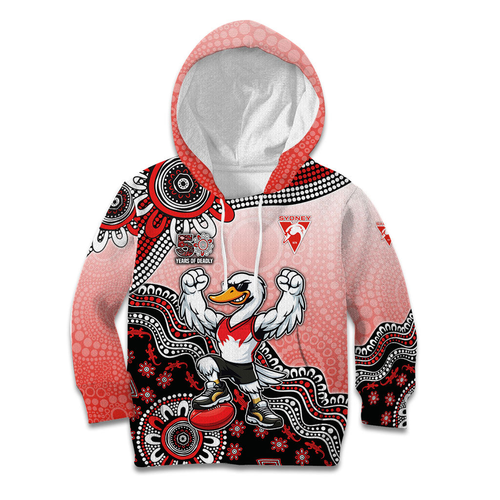 Personalized Sydney Swans Football Mascot Kid Hoodie Aboriginal Dot Art Style Vibrant Indigenous Pattern Design