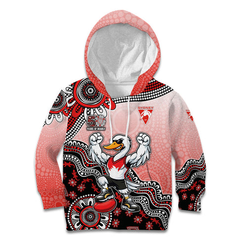 Personalized Sydney Swans Football Mascot Kid Hoodie Aboriginal Dot Art Style Vibrant Indigenous Pattern Design