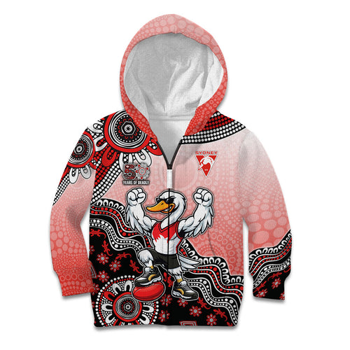 Personalized Sydney Swans Football Mascot Kid Hoodie Aboriginal Dot Art Style Vibrant Indigenous Pattern Design