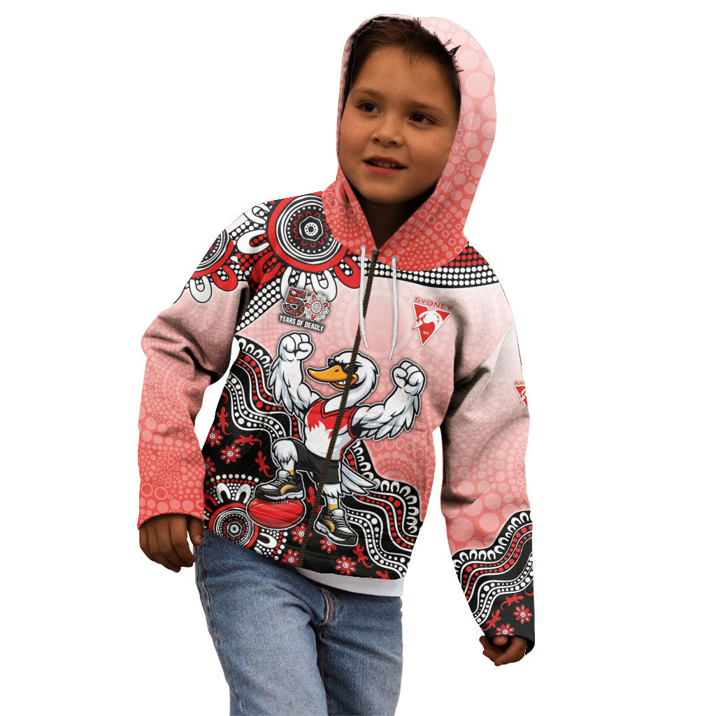 Personalized Sydney Swans Football Mascot Kid Hoodie Aboriginal Dot Art Style Vibrant Indigenous Pattern Design