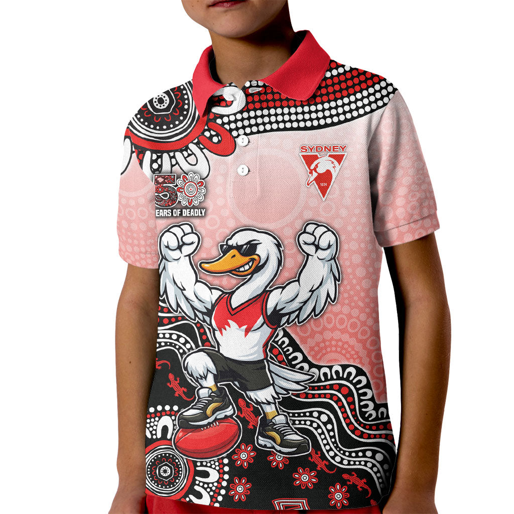 Personalized Sydney Swans Football Mascot Kid Polo Shirt Aboriginal Dot Art Style Vibrant Indigenous Pattern Design