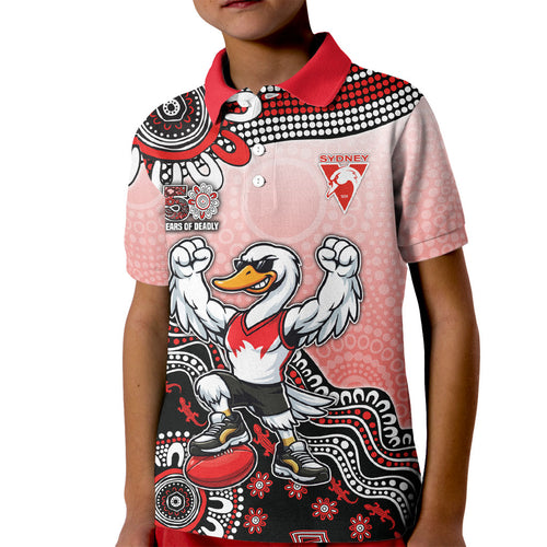 Personalized Sydney Swans Football Mascot Kid Polo Shirt Aboriginal Dot Art Style Vibrant Indigenous Pattern Design