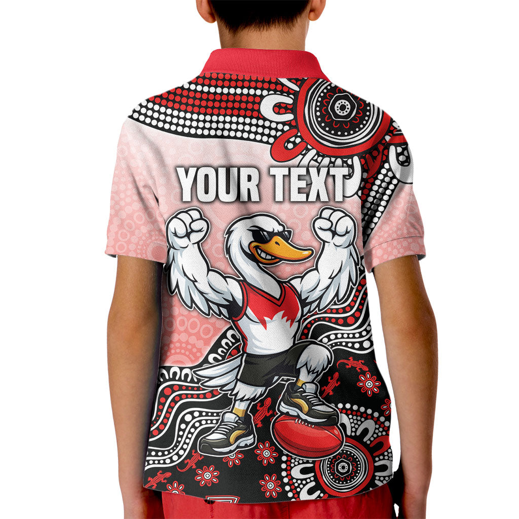 Personalized Sydney Swans Football Mascot Kid Polo Shirt Aboriginal Dot Art Style Vibrant Indigenous Pattern Design