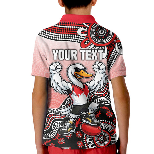 Personalized Sydney Swans Football Mascot Kid Polo Shirt Aboriginal Dot Art Style Vibrant Indigenous Pattern Design