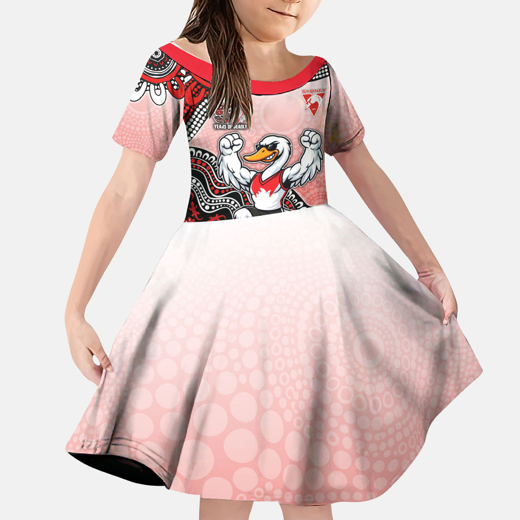 Personalized Sydney Swans Football Mascot Kid Short Sleeve Dress Aboriginal Dot Art Style Vibrant Indigenous Pattern Design
