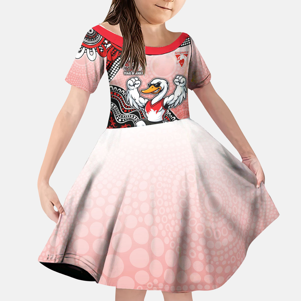 Personalized Sydney Swans Football Mascot Kid Short Sleeve Dress Aboriginal Dot Art Style Vibrant Indigenous Pattern Design