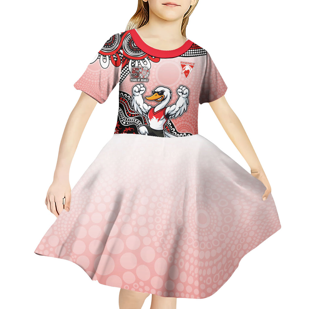 Personalized Sydney Swans Football Mascot Kid Short Sleeve Dress Aboriginal Dot Art Style Vibrant Indigenous Pattern Design