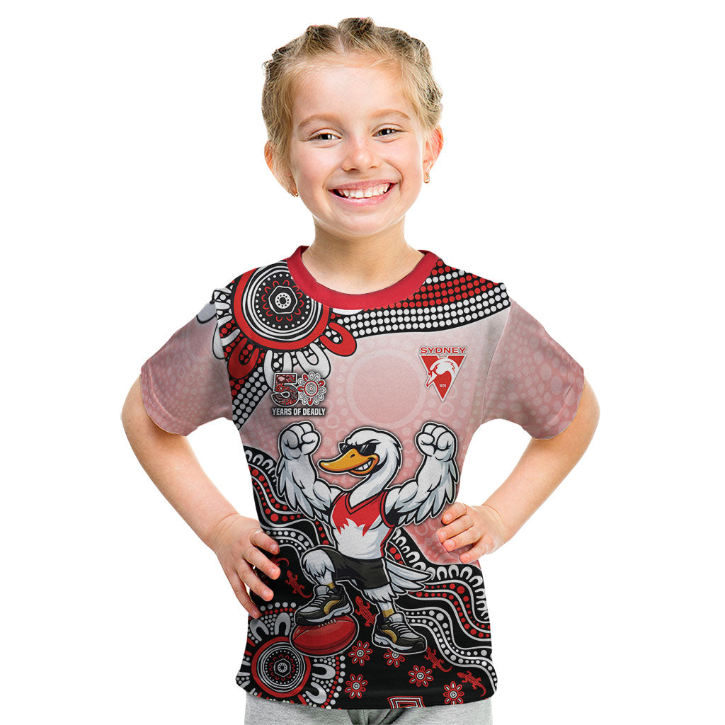 Personalized Sydney Swans Football Mascot Kid T Shirt Aboriginal Dot Art Style Vibrant Indigenous Pattern Design