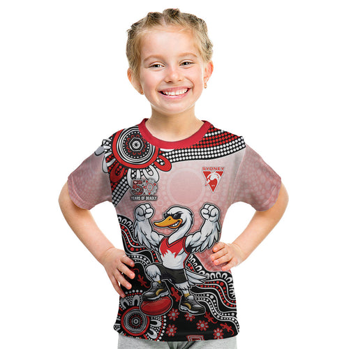 Personalized Sydney Swans Football Mascot Kid T Shirt Aboriginal Dot Art Style Vibrant Indigenous Pattern Design