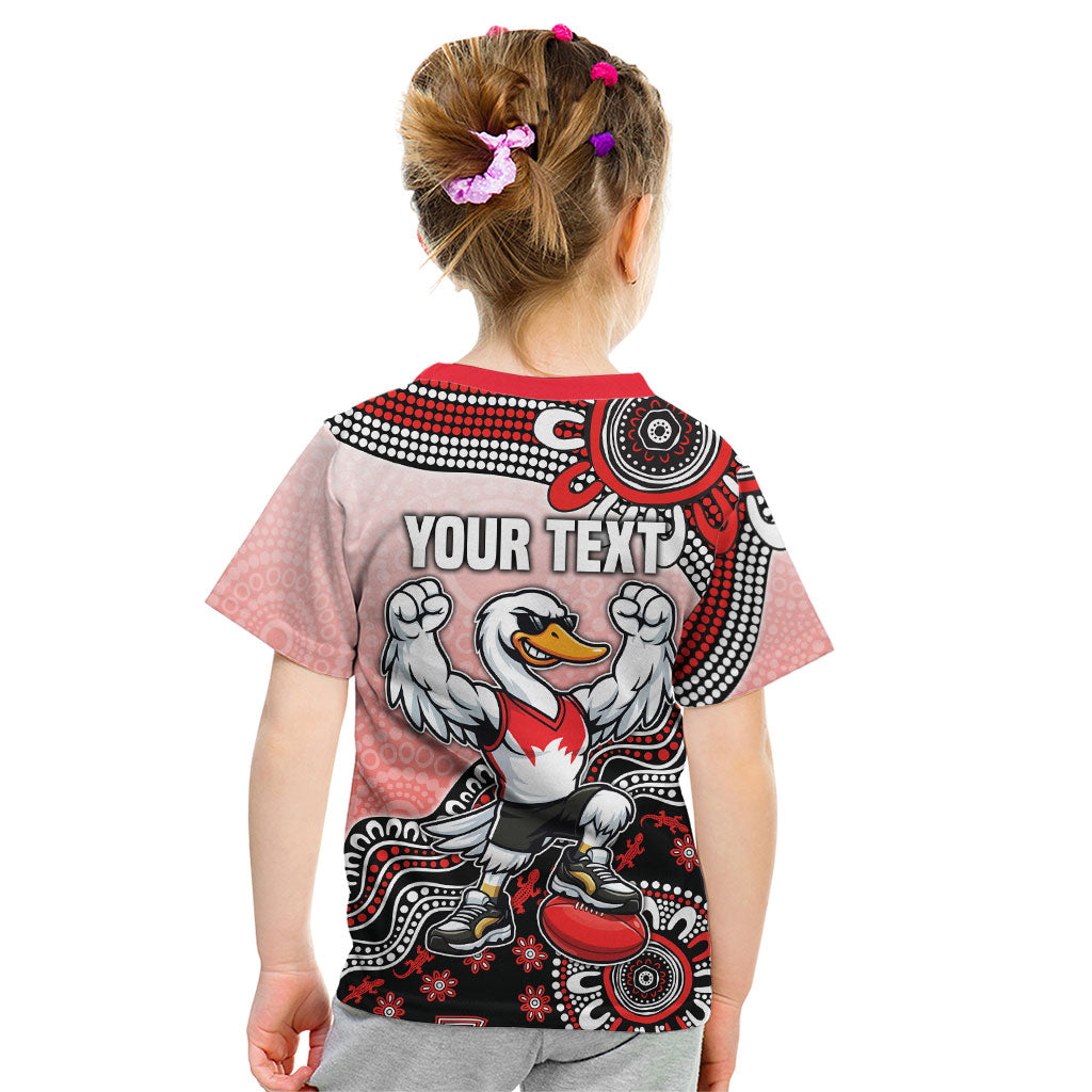 Personalized Sydney Swans Football Mascot Kid T Shirt Aboriginal Dot Art Style Vibrant Indigenous Pattern Design